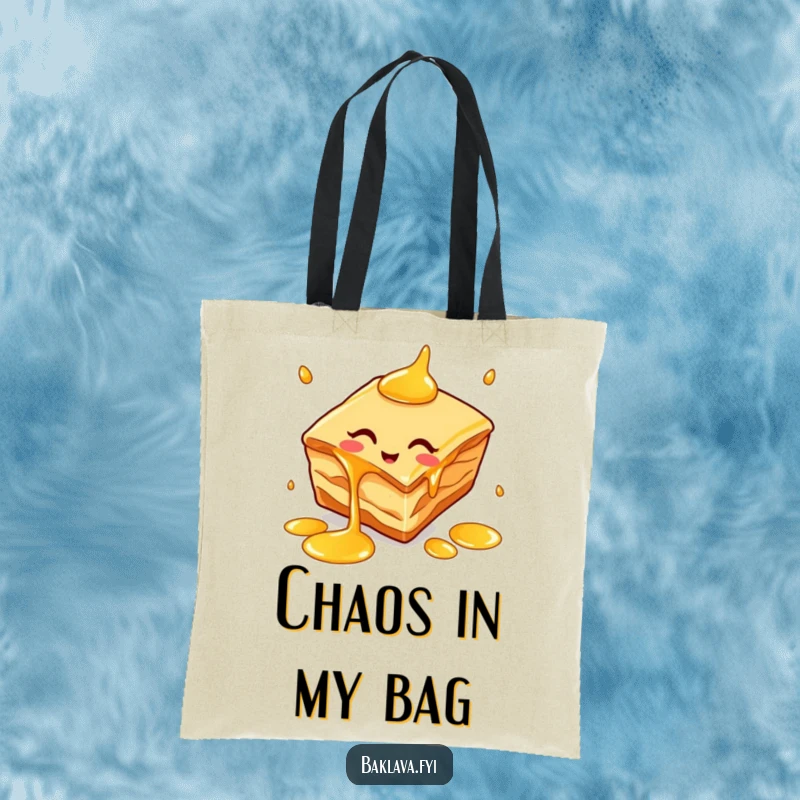 Funny baklava slice tote bag with a cheerful dessert juggling honey drips, a practical and humorous accessory.