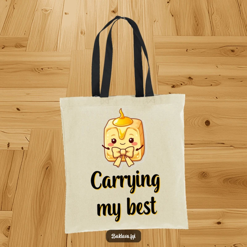 Funny Baklava Tote Bag featuring a charming slice with golden syrup, presenting a bow, ready for chic outings.