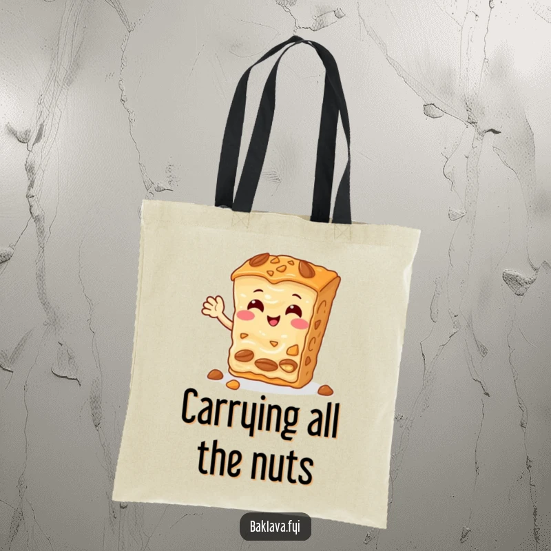 Funny Baklava Tote Bag featuring a cheerful slice with nuts, waving a friendly hello, ready for any adventure.