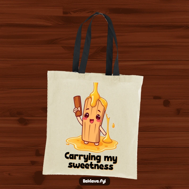 Funny tote bag with a cinnamon stick character comically saluting a giant honey drizzle, designed for practicality and a sweet sense of humor.