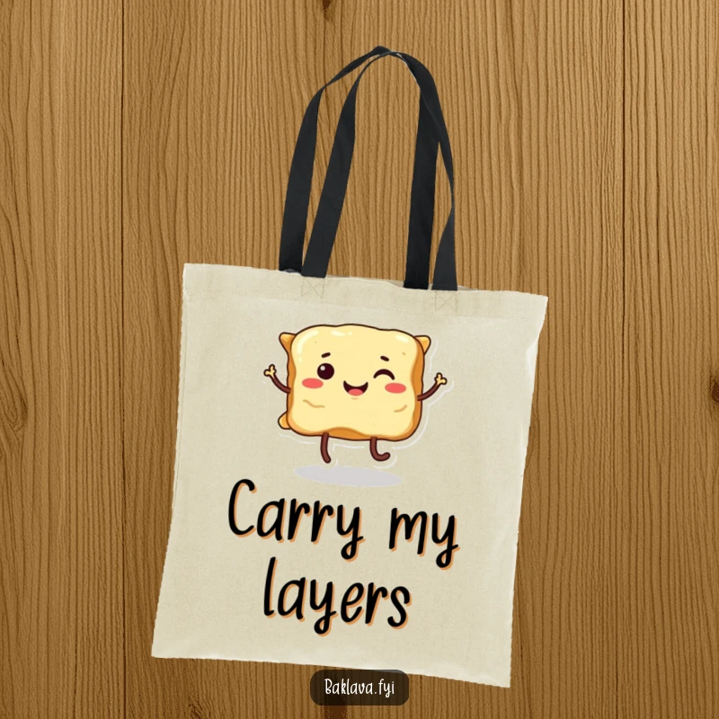 Funny smiling piece of baklava with legs, dancing joyfully, full of sweet energy on this practical tote bag.