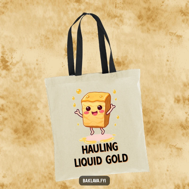 Funny baklava slice dancing with syrup droplets, a cheerful and practical tote bag.