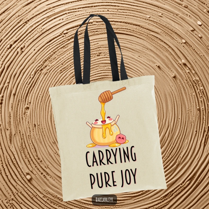 Funny honey pot tote bag with a joyful character pouring sweet syrup, perfect for carrying essentials with style.