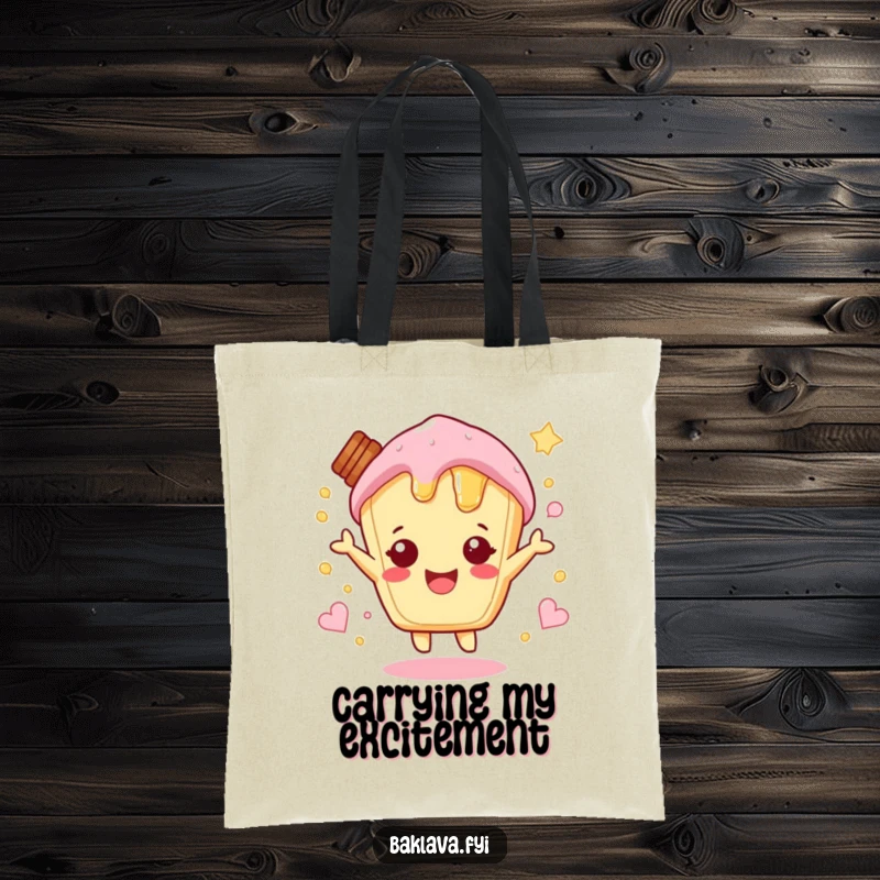 Funny honey pastry character hopping with excitement, a cheerful and funny tote bag.