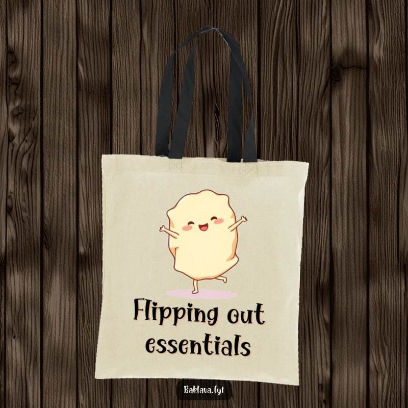 Funny phyllo dough tote bag with a cheerful sheet doing a cartwheel, ideal for carrying baking supplies with a dose of humor.