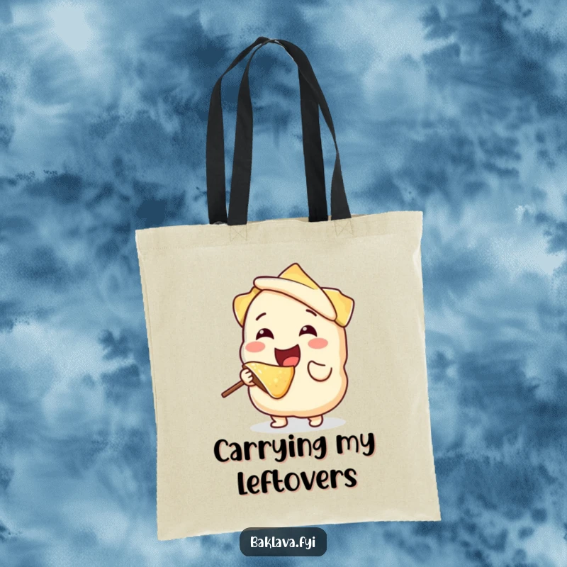 Funny, joyful phyllo dough character happily taking a bite from itself, printed on a durable tote bag, showcasing a humorous and unique design.