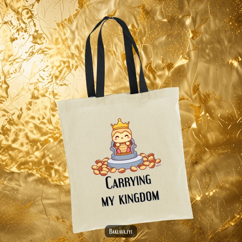 Funny shy baklava tote bag wearing a crown and eyeing a pistachio throne, perfect for carrying essentials with royal charm.