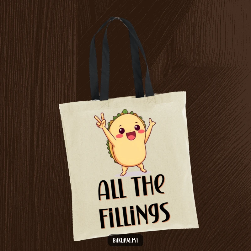 Funny taco victory dance tote bag featuring a playful taco doing a celebratory dance, perfect for carrying smiles.