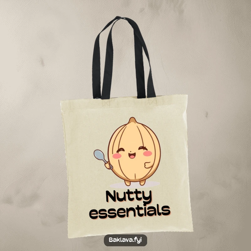 Funny walnut tote bag with a happy walnut winking and holding a tiny spoon, ideal for carrying snacks with a dose of humor.