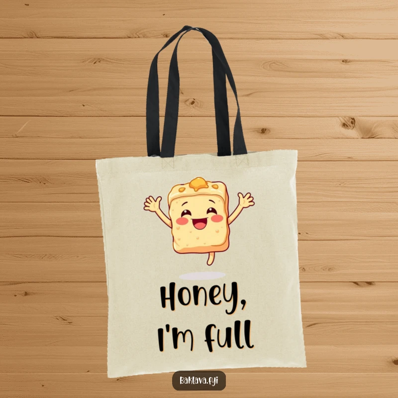 Funny baklava tote bag with a smiling, leaping piece of baklava, perfect for carrying treats and smiles.