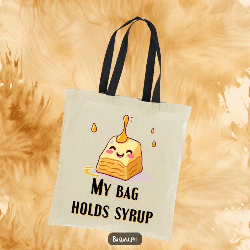Funny baklava tote bag with a slice juggling syrup droplets, perfect for shopping or daily use, adding sweetness and humor to everyday tasks.