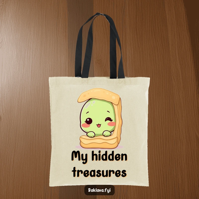 Funny tote bag depicting a shy pistachio nut peeking from baklava, ideal for carrying essentials with a side of sweet, humorous style. Practical and amusing.