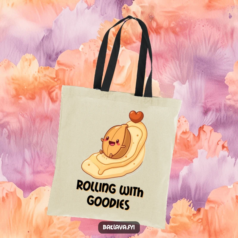 Funny tote bag showing a nut character rolling down a flaky pastry hill, perfect for carrying essentials with a dose of sweet, humorous style.
