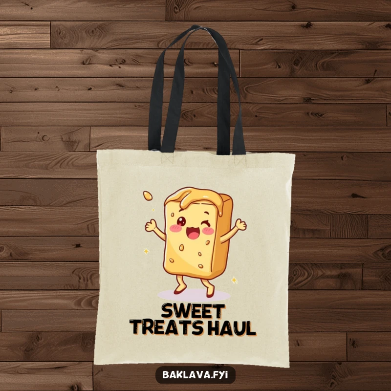 Funny syrupy baklava doing a happy dance, a stylish and funny tote bag.