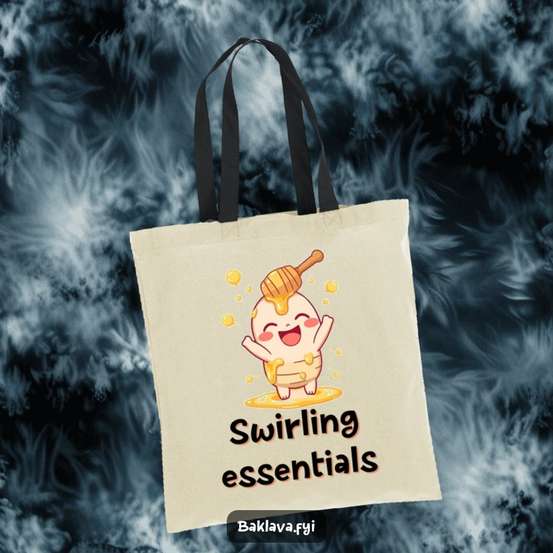 Funny honey dipper tote bag with a laughing dipper playfully sprinkling swirls, ideal for carrying essentials with a dose of sweetness and humor.